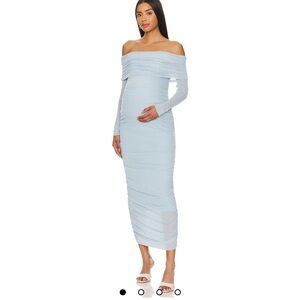 Blue Ribbed Ruched Off-Shoulder Bodycon Dress